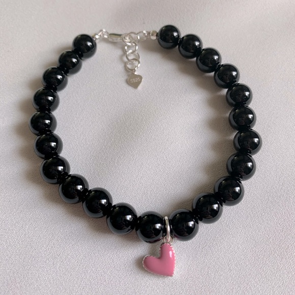 Black Onyx Sterling Silver Heart Charm Bracelet - Picture 3 of 6